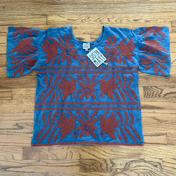 Sister Mary Tops - Sister Mary Luna Dee Embroidered Bird Top Grey Rust Women’s Size S/M BRAND NEW